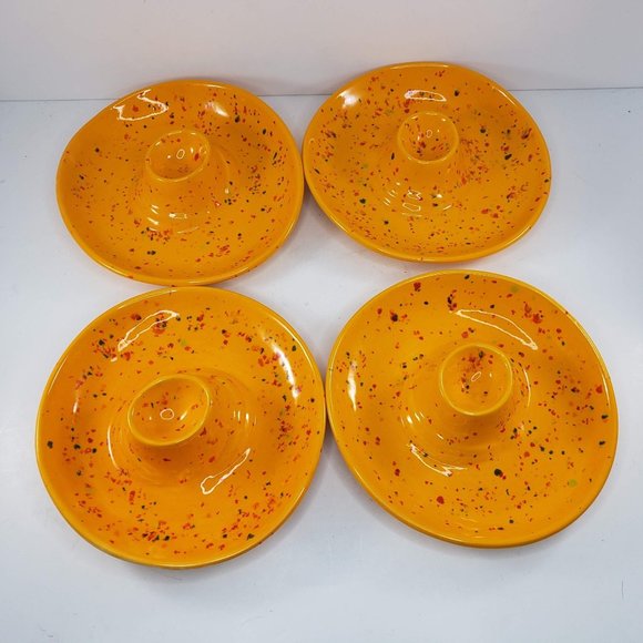 Egg Holder Plate Bowl Pottery Set Of 4 Speckled Yellow Hand Painted Handmade - Picture 3 of 14